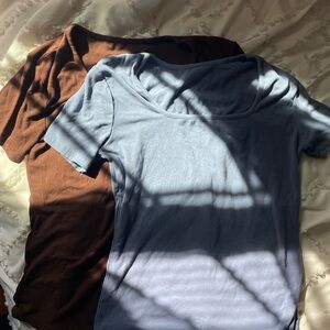 Blue and Brown Short Sleeve Tops